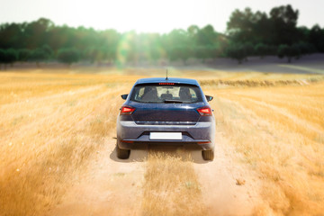 Obraz na płótnie Canvas car moving through desert fields towards lush forest