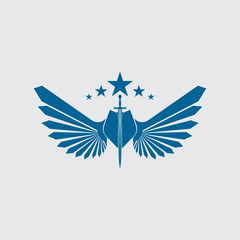 The winged sword with shield vector icon.