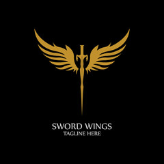 Fototapeta premium Sword with Wings. Golden Sword Symbol on Black Background.
