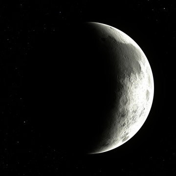 3D illustration of the Moon, in the waxing crescent lunar phase at northern hemisphere of planet earth