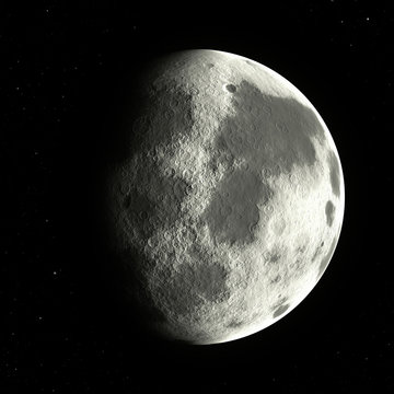 3D illustration of the Moon, in Waxing gibbous lunar phase at northern hemisphere of planet earth