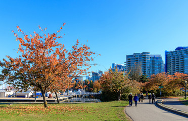 People are walking at Stanley Park in Autumn.Stanley Park and seawall in Vancouver, Canada. It is largest urban park with beaches, trails, scenic seawall