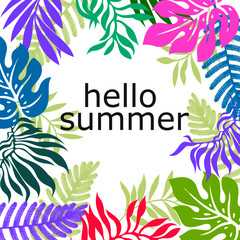 Hello Summer Holiday and Summer Camp poster. Traveling template poster, vector illustration. Party poster with palm leaf and lettering hello summer.