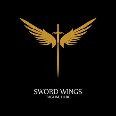 Sword with Wings. Golden Sword Symbol on Black Background.