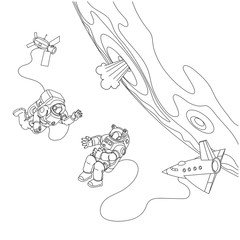 meeting astronauts in spacesuits in outer space, shuttle, module with solar battery & planet surface with crater, vector illustration with black contour lines on white background in hand drawn style