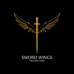 Sword with Wings. Golden Sword Symbol on Black Background.
