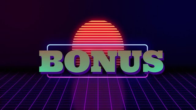 VHS retro animation with the appearing neon rectangle and the text bonus. Against the background of the glowing sun and the moving forward grid. Retro style. Video games from the 80s. Motion graphics.