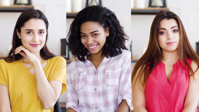 Set 3 In 1 Multiracial Girls Looking At Camera And Feeling Shy