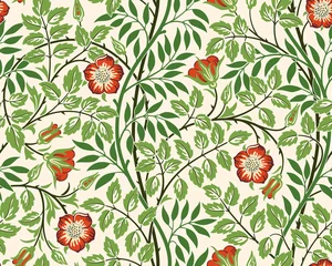 Papier Peint Lavable Style vintage Fond de motif floral vintage sans couture avec roses rouges et feuillage sur fond clair. Illustration vectorielle.