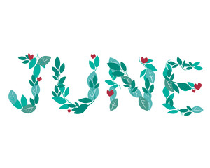 A text with the word June for Bullet Journal or diary isolated isolated on white for design, a vector stock illustration with cute text from green leaves