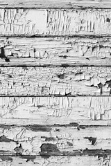 Wooden plank wall with cracked old white paint.