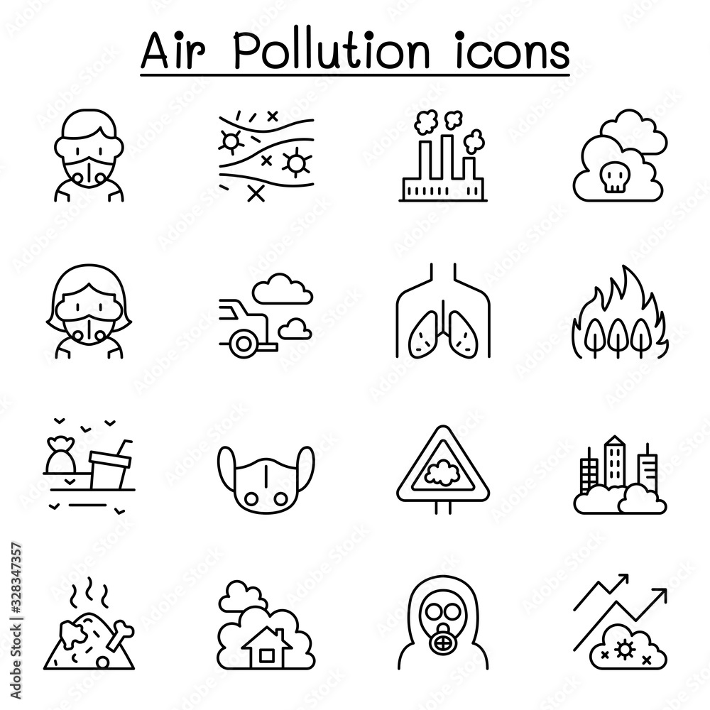 Wall mural Air pollution icon set in thin line style