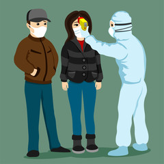 Medic measures body temperature in people in protective masks.