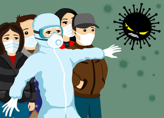 A doctor protects a group of people in protective medical masks from an angry virus.