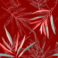 Orange, yellow and green leaves of palm trees on a dusty pink background vector illustration. Seamless pattern.