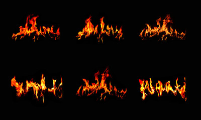 6 flame images set on a black background. Different forms of natural heat energy