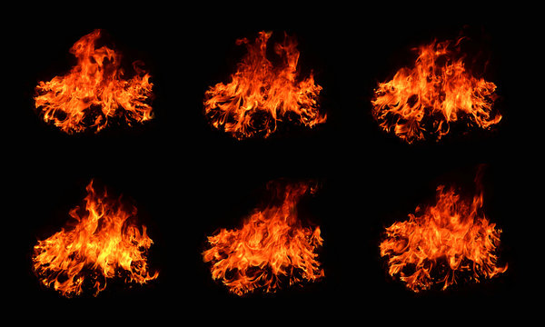 The image of 6 flames of large images set on a black background. Different forms of natural heat energy