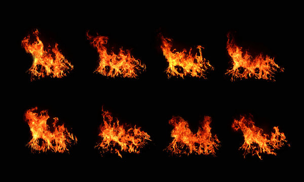 Set of 8 flame images on a black background Fire heat energy