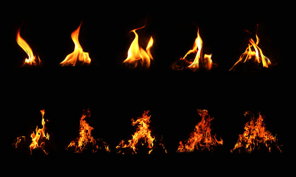 10 flame images set on a black background. Different forms of natural heat energy