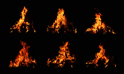 Fire set, 6 pictures, beautiful flame, yellow-red flame Heat energy on a black background