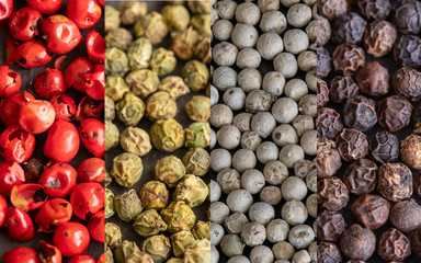 Collage of different type pepper, Black ,white, pink  and allspice peppercorns. Macro spice background
