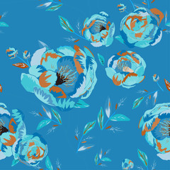 Obraz premium Large beige pink buds and peonies flowers surrounded by green leaves on a white background. Floral seamless pattern.