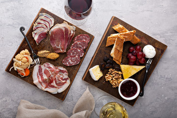 Meat charcuterie and cheese snack boards - obrazy, fototapety, plakaty