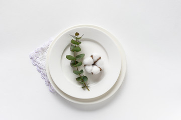 Festive composition with cotton flower and eucalyptus twig on white plate. table setting, greeting or invitation card concept. Flat lay overhead with copy space for your text.