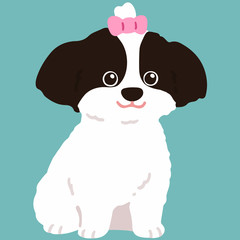 Flat colored Shih Tzu sitting with pink ribbon