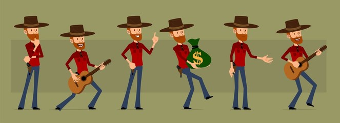Cartoon cute funny redhead bearded lumberjack in hat with gun. Cowboy with bank money bag and guitar. Ready for animations. Isolated on green background. Big vector icon set.