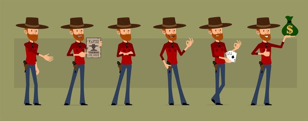 Cartoon cute funny redhead bearded lumberjack in hat with gun. Cowboy with money bag, cards and wanted sign. Ready for animations. Isolated on green background. Big vector icon set.