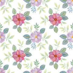Obraz na płótnie Canvas Seamless botanical pattern on a white background. Watercolor flowers with leaves. Illustration of a bouquet.