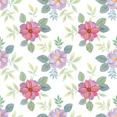 Seamless botanical pattern on a white background. Watercolor flowers with leaves. Illustration of a bouquet.