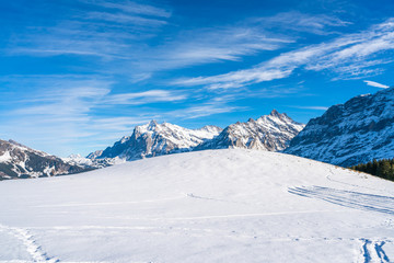 Winter landscape with snow Swiss Alps from Mannlichen mountain in Grindelwald ski resort. Winter in Switzerland