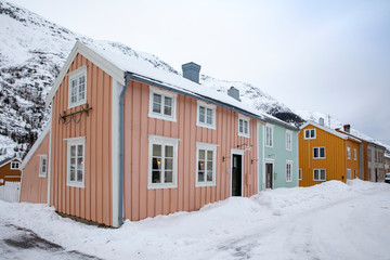 Winter and old wooden houses in the city by the river Vefsna. Mosjøen i Northern Norway