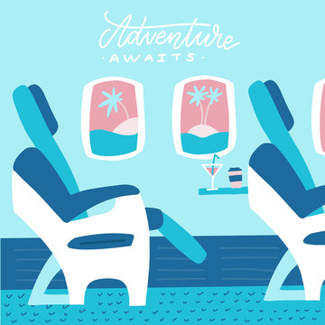 Banner with airplane seats in business class and windows with palm islands. Flat vector illustration with letterong twxt Adventure awaits Porthole, view on the tropical island