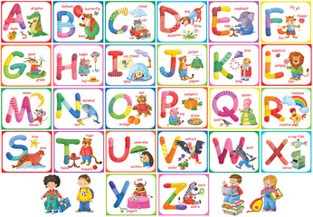Fototapeta na wymiar English alphabet in pictures. Coloring page. Funny animals. Cute cartoon characters. Illustration for children