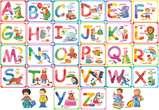 English alphabet in pictures. Coloring page. Funny animals. Cute cartoon characters. Illustration for children