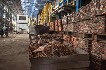 Copper scrap prepared for recycling at the copper smelter - obrazy, fototapety, plakaty