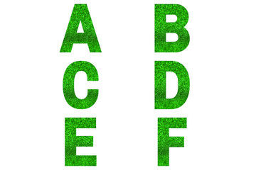 Green font Alphabet a, b, c, d, e, f made of green sparkle background. Festive alphabet.