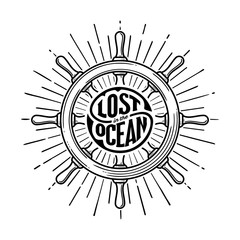 Helm lost in the ocean circle lettering white vector illustration