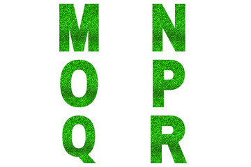 Green font Alphabet m, n, o, p, q, r made of green sparkle background. Festive alphabet.