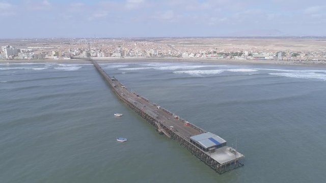 Aerial drone view move Pimentel at a sunny day in Chiclayo, Lambayeque Region, Peru