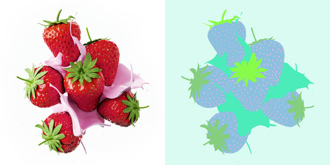 Milk yogurt splash on strawberry with color element for professional object selection. 3d rendering illustration.