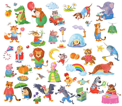 Big set of cute funny animals. Cartoon characters isolated on white background. Illustration for children