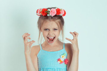 very angry girl screaming in horror, grimace portrait