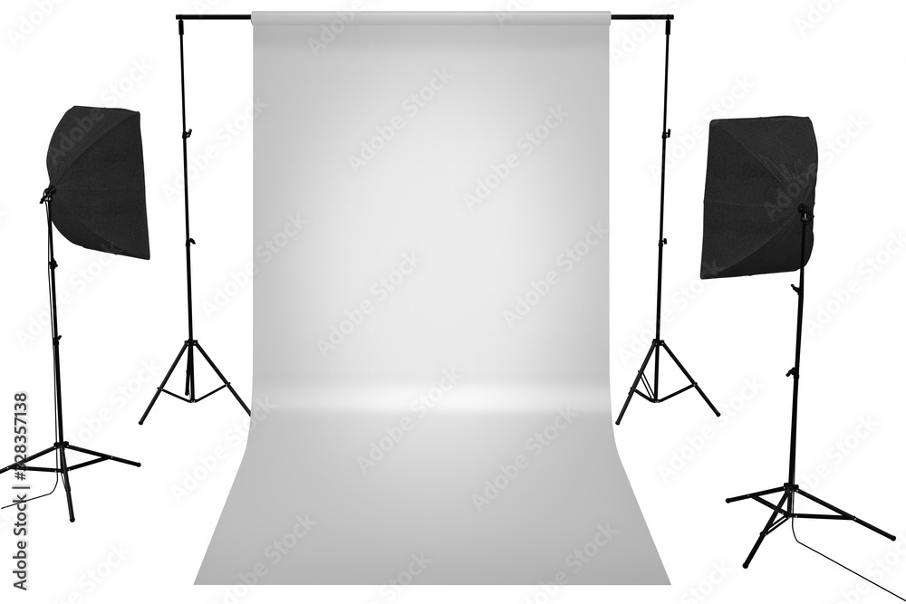 Aufkleber light gray studio setup with white canvas background and studio light soft box ,3D render illustration