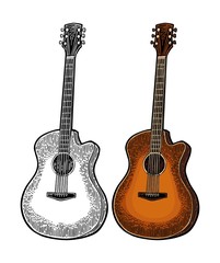 Acoustic guitar. Vintage vector color engraving illustration