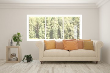 Minimalist living room in white color with sofa and summer landscape in window. Scandinavian interior design. 3D illustration