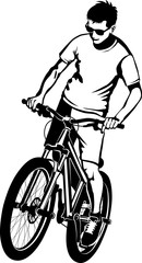 boy on MTB bike - black and white vector illustration